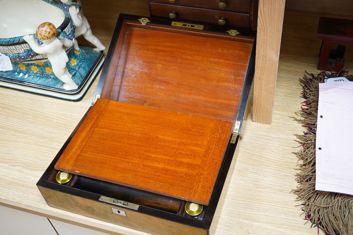 A 19th century burr walnut writing slope with mother of pearl plaque inscribed Ellen Warner, Dec, 8th 1868, 36cm wide